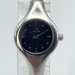 Vtg Bulova Womens Watch 20mm Silver Tone Black Dial 96L69 WR New Battery 6.75"